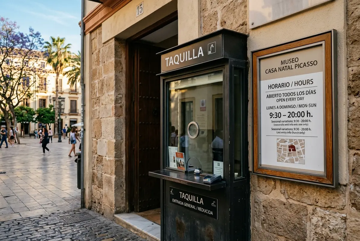 bezoeker die bij de ingang van het geboortehuis van picasso malaga de openingstijden en prijzen op een informatiebord bekijkt