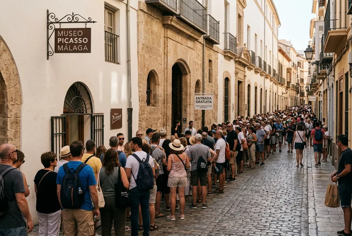 lång kö av turister som väntar utanför Palacio de Buenavista under det gratis picasso museum malaga inträdesfönstret en solig eftermiddag