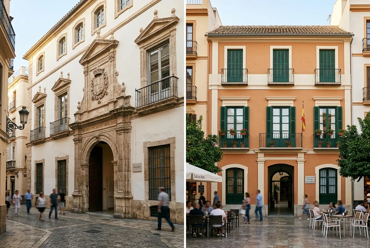 scena divisa che mette a confronto la grande facciata del museo picasso malaga con la facciata più piccola della casa natal picasso su plaza de la merced