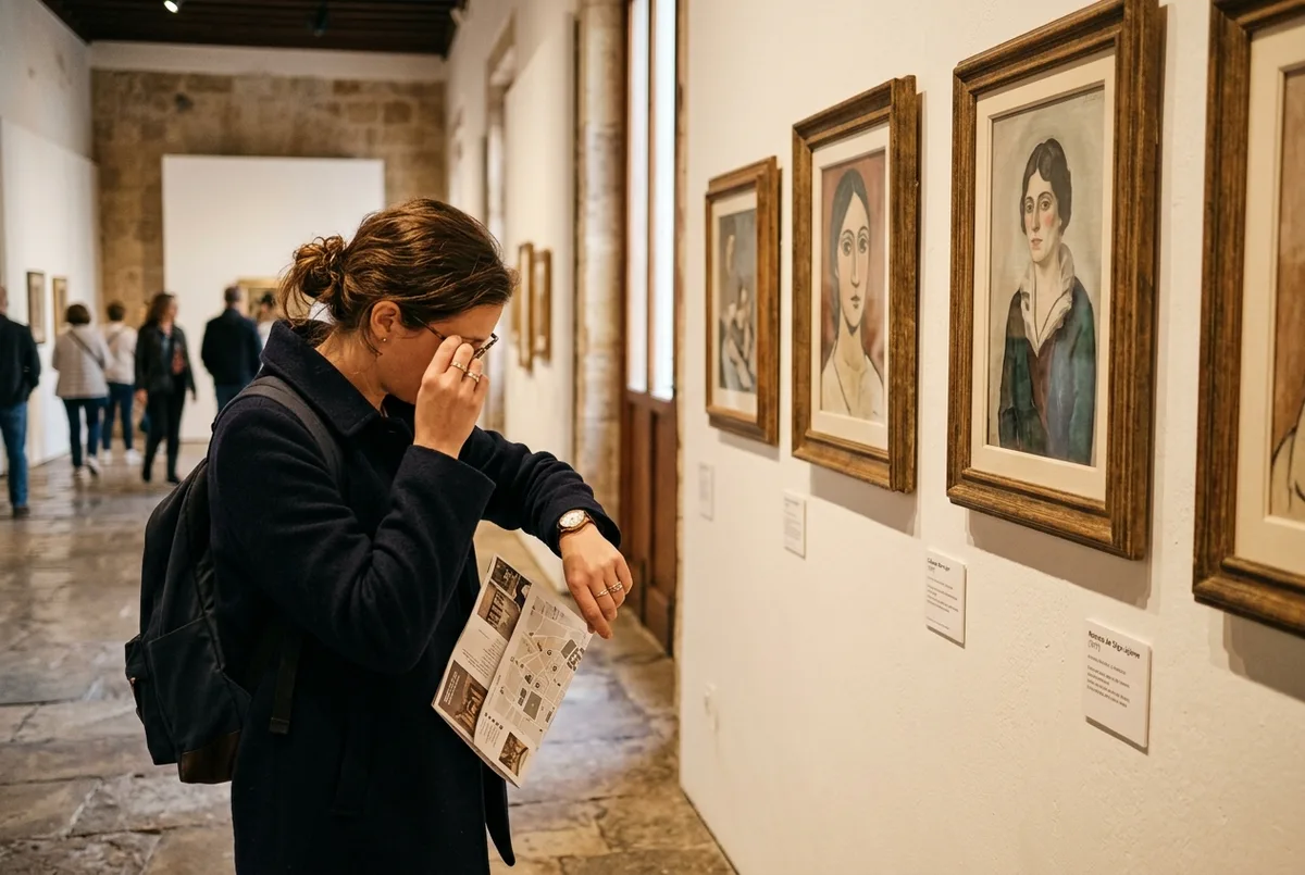voyageur consultant sa montre devant un tableau de picasso dans une salle lumineuse du musée picasso malaga en calculant son temps de visite