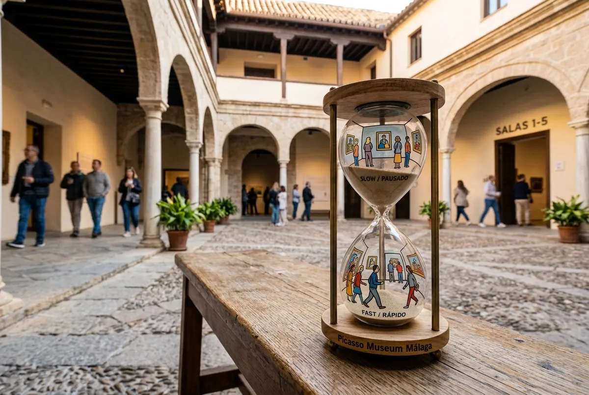 sablier illustré à côté de silhouettes de salles du musée picasso malaga représentant différents rythmes de visite, sans chiffre précis